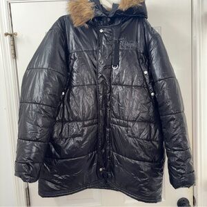 Rocawear Shiny Black Puffer Jacket Full Zip with Faux Fur Lined Hood 2XL